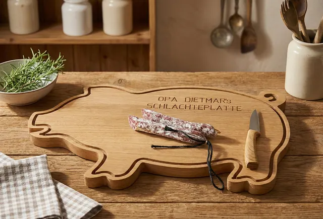 Schneidebrett in Schweineform aus massiver Eiche mit Gravur