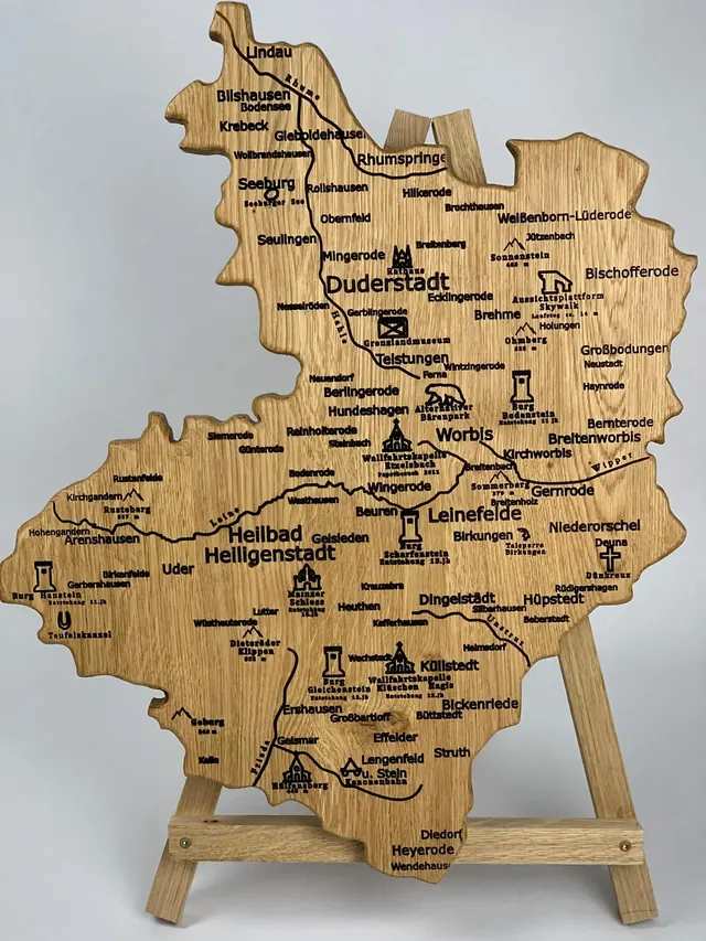 Eichsfeld-Landkarte aus Eiche mit allen Orten und Sehenswürdigkeiten