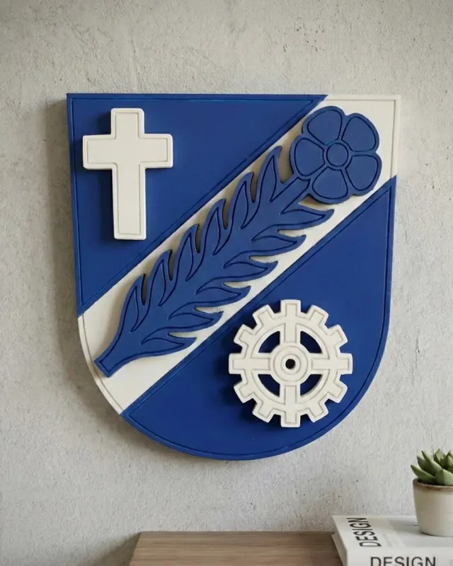 Gemeindewappen in Originalfarben, mehrfach lackiert auf Eichenholz