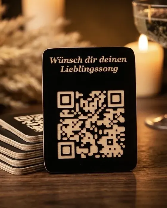 QR-Karte mit der Gravur 'Wünsch dir deinen Lieblingssong' auf einem gedeckten Tisch mit Kerzen