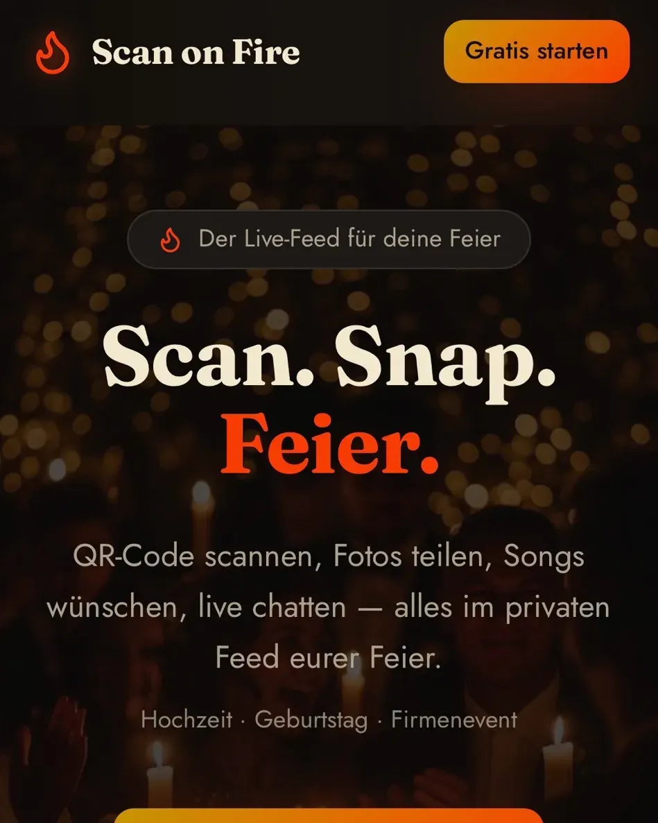 Startbildschirm der Scan-on-Fire-App mit dem Slogan 'Scan. Snap. Feier.'