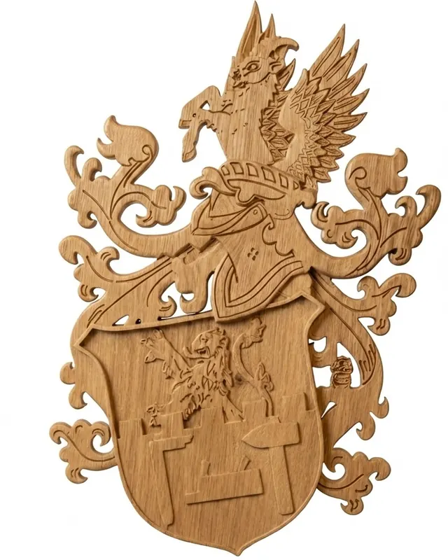 Familienwappen mit Helmzier als 3D-Relief in Eiche