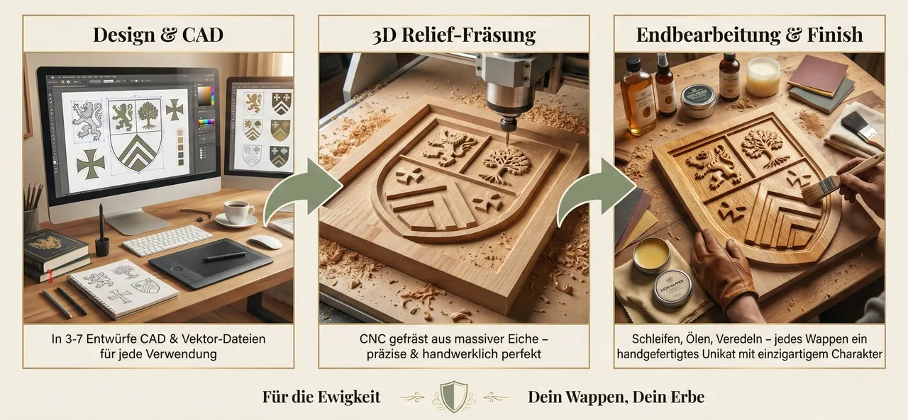 Entstehungsprozess eines Wappens: vom Entwurf über die CAD-Zeichnung zum gefrästen 3D-Relief in Eiche